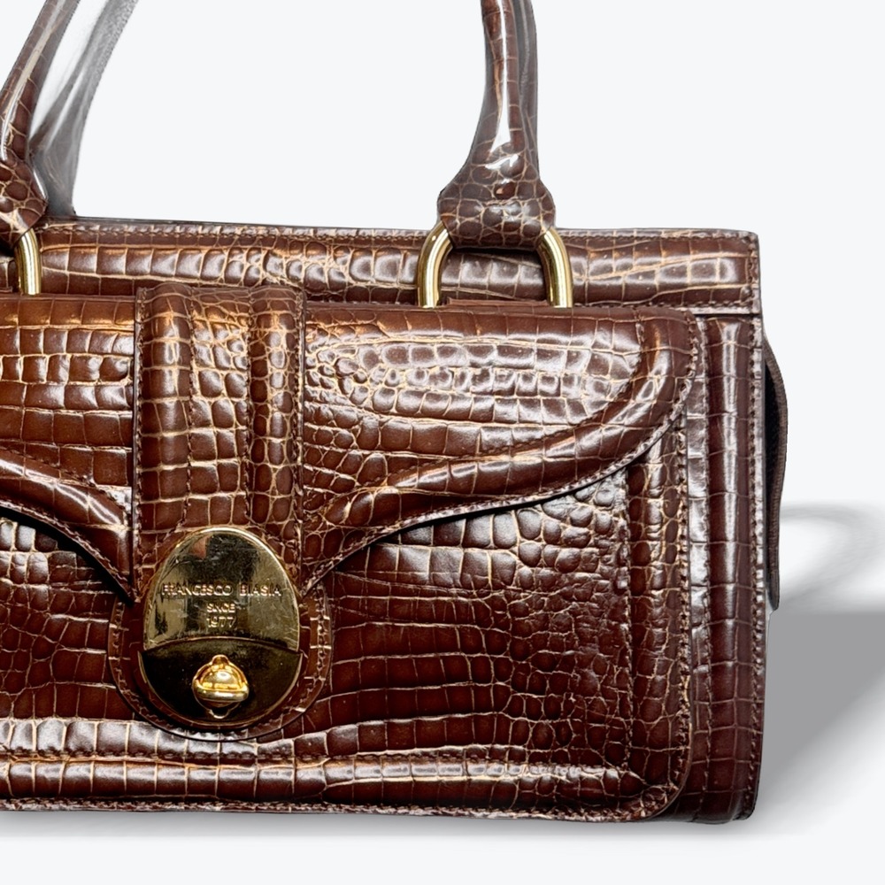 Francesco Biasia Satchel Handbag Italian Leather Gold Accents Crocodile Embossed